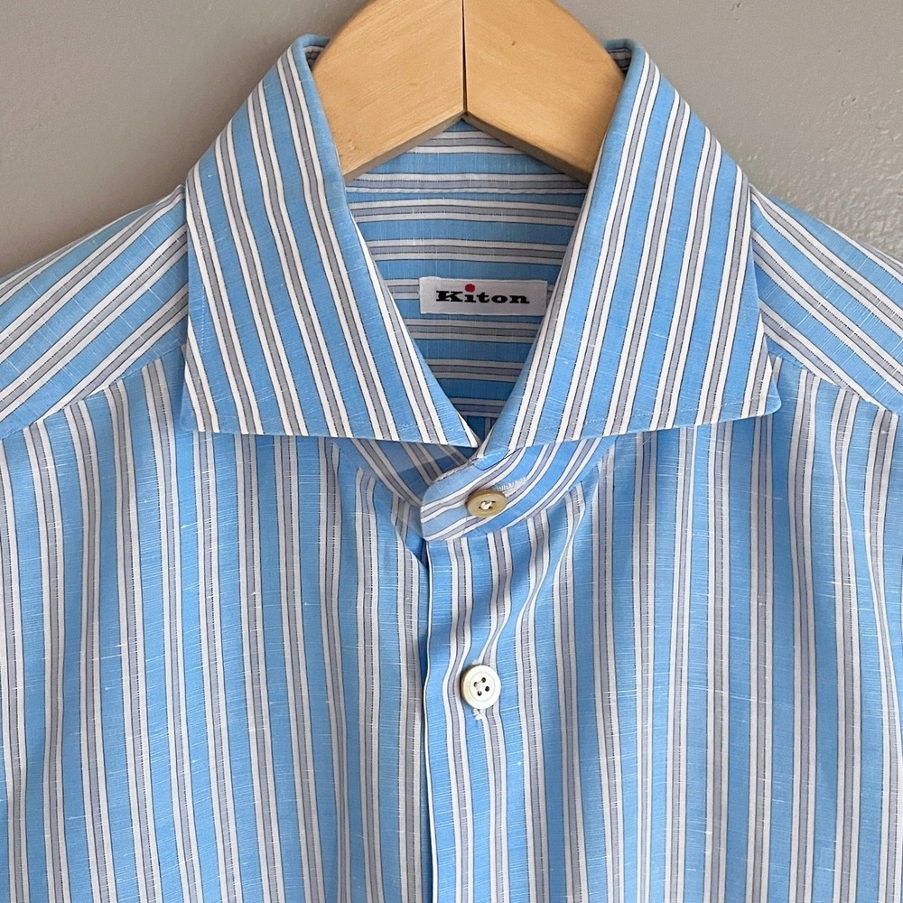 Kiton Button Front Shirt Mens 16 41 Blue Striped Cotton Linen Italian Luxury